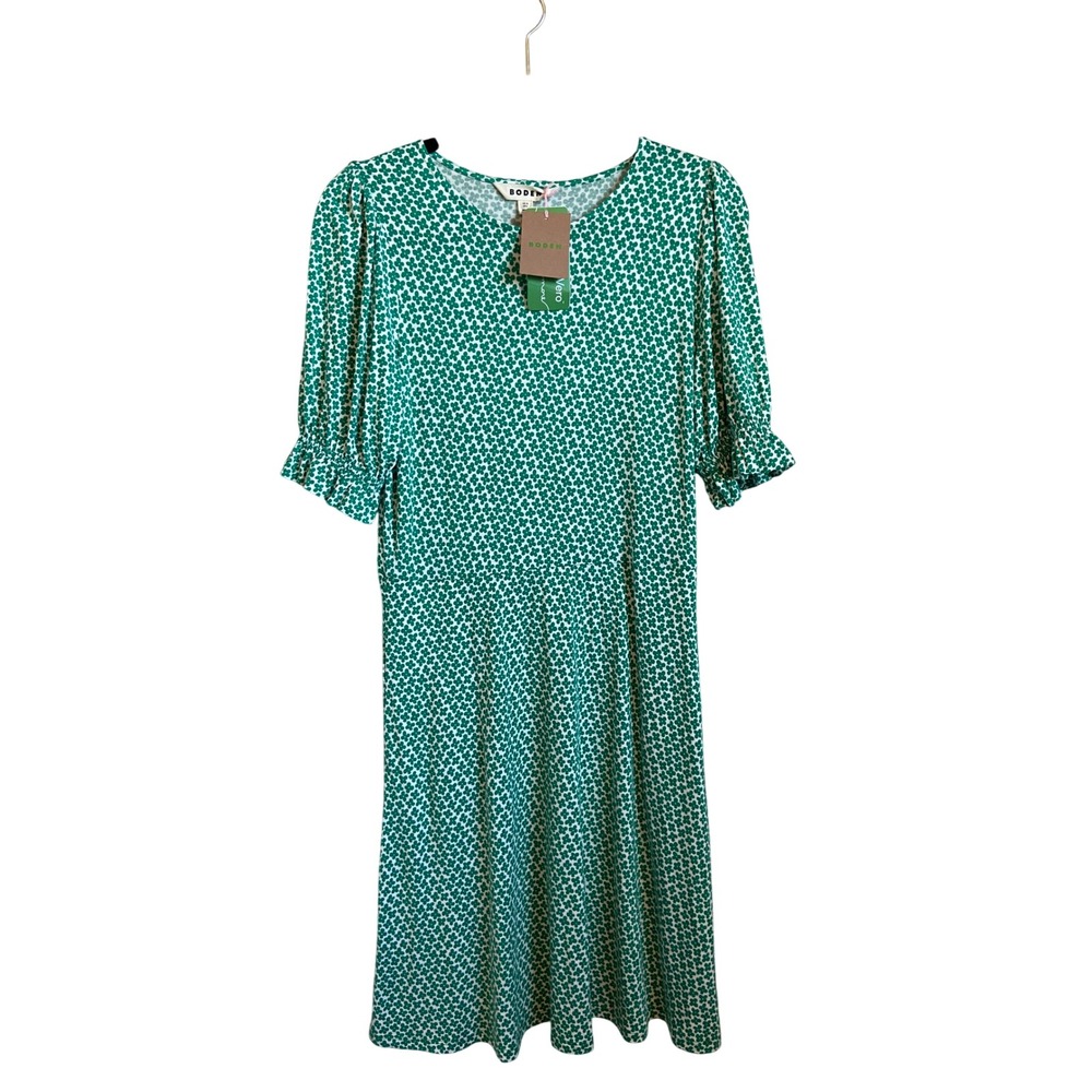 Boden Green Floral Clover Print Short Sleeve Ruffle Cuff Midi Dress D0840 US 8